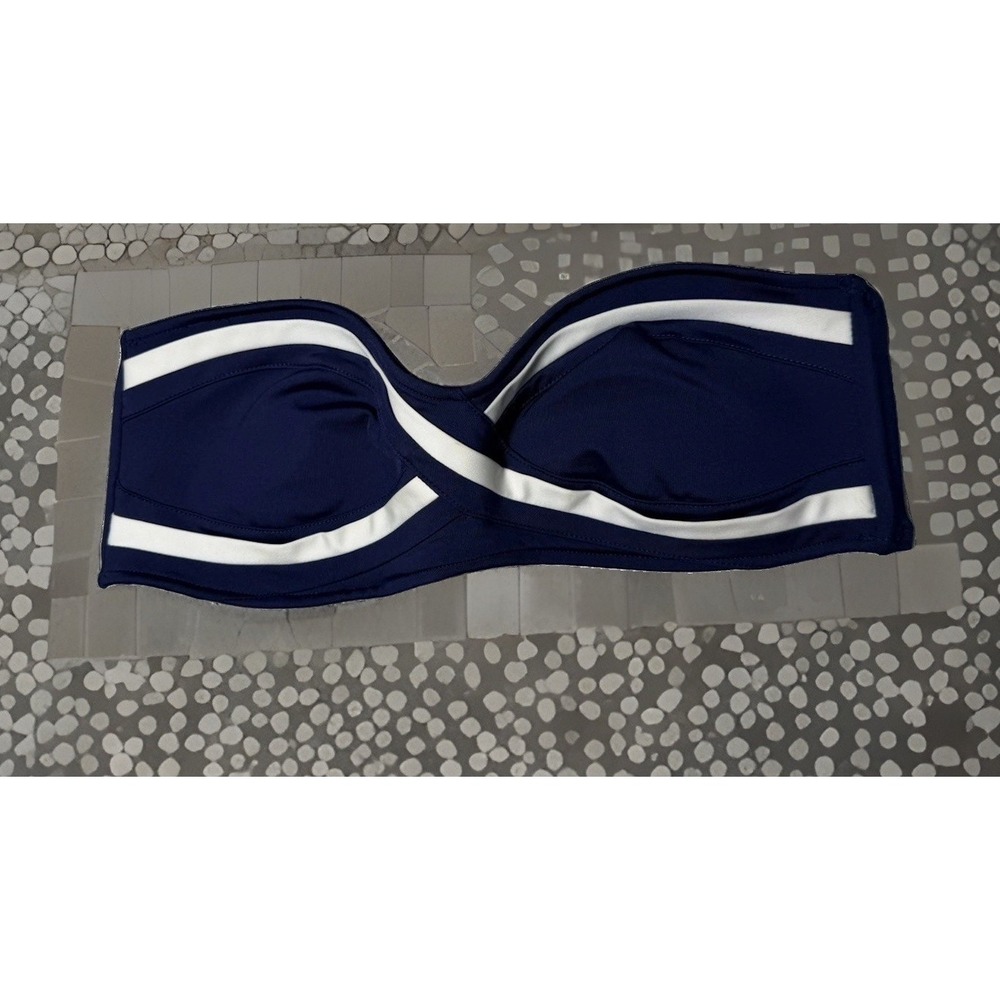 Anne Cole Collection Bandeau Bikini Top Navy White Strapless Stretch Size Medium